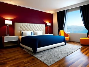 Habitacion con suleo de madera cortinas y ventanal