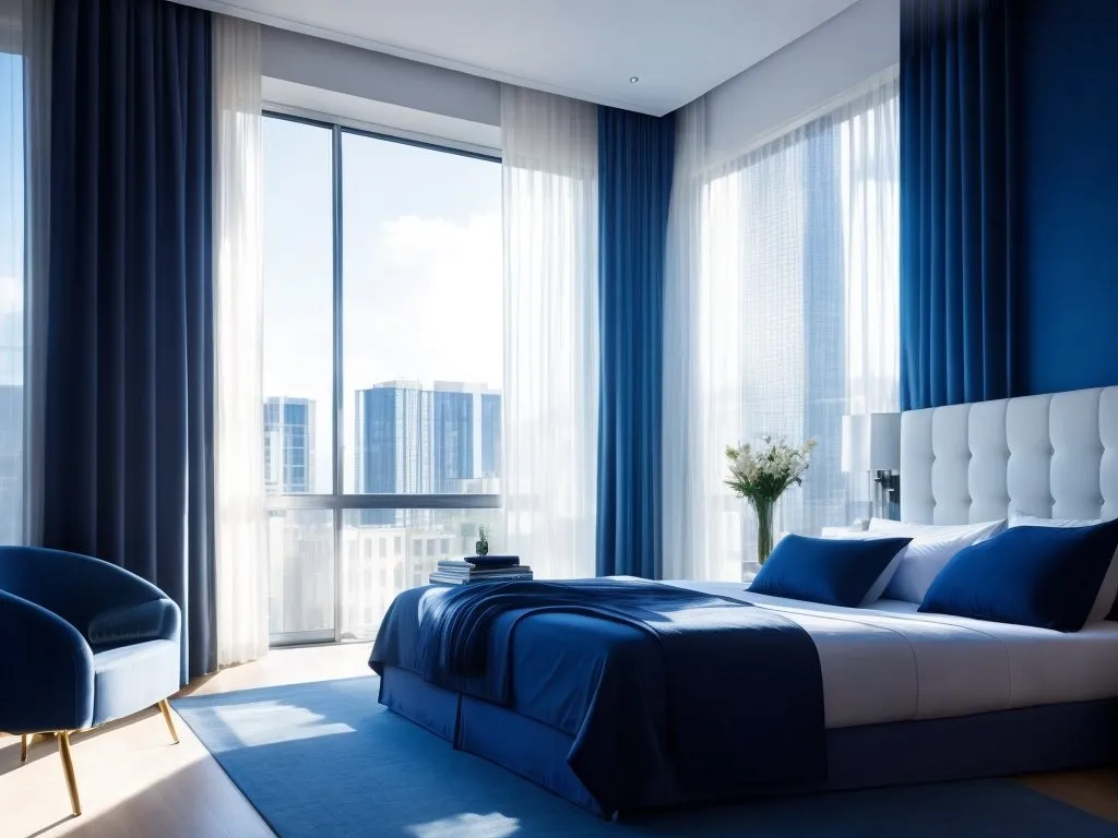 habitacion de hotel con cortinas y textil en azul 2